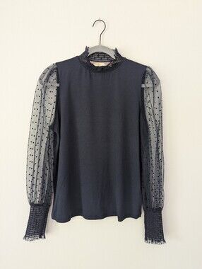 Boden Polka Dot Tulle-Sleeve Party Top Navy Blue US 8/UK 12
